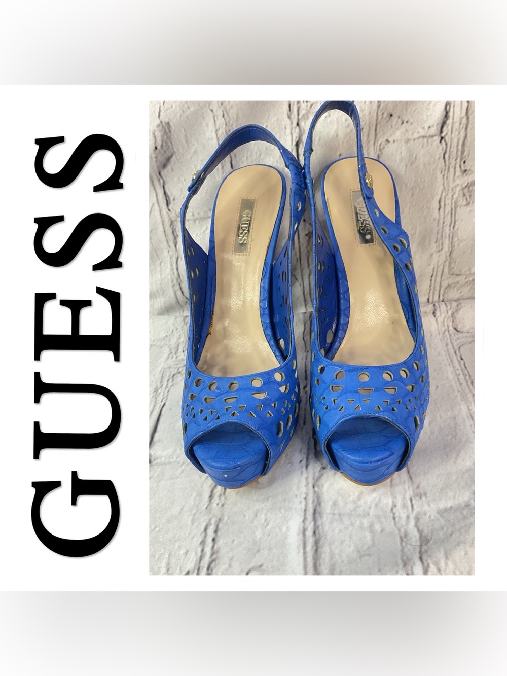 . 🌟🌟 GUESS Royal Blue Cutout Peep-Toe Slingback Heels